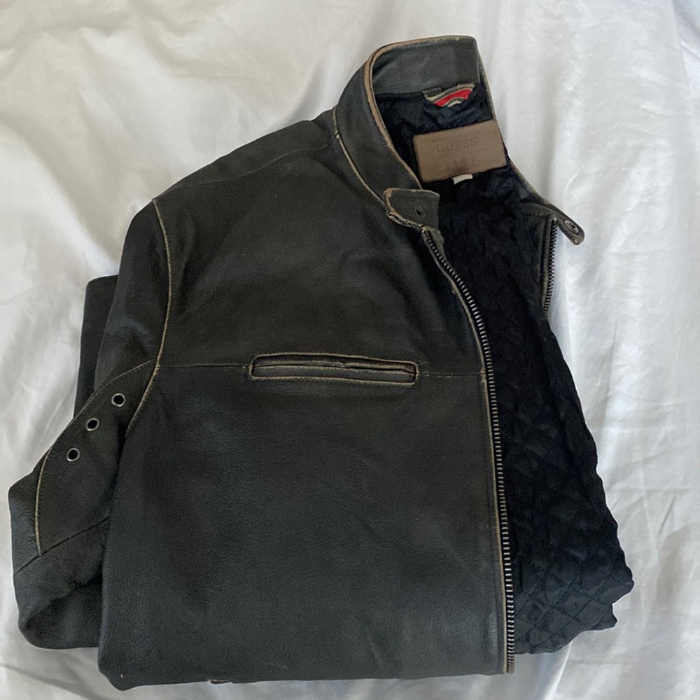 Guess size XL genuine leather jacket ashy brown/black